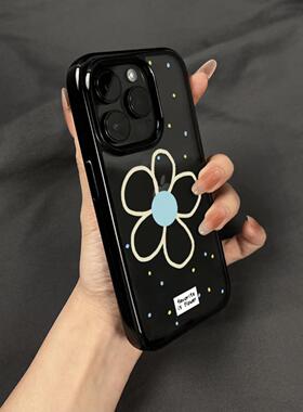 韩系ins简约线条蓝色花朵适用苹果16手机壳iphone15promax新款女14亚克力13防摔保护套15超好看16e全包透明壳