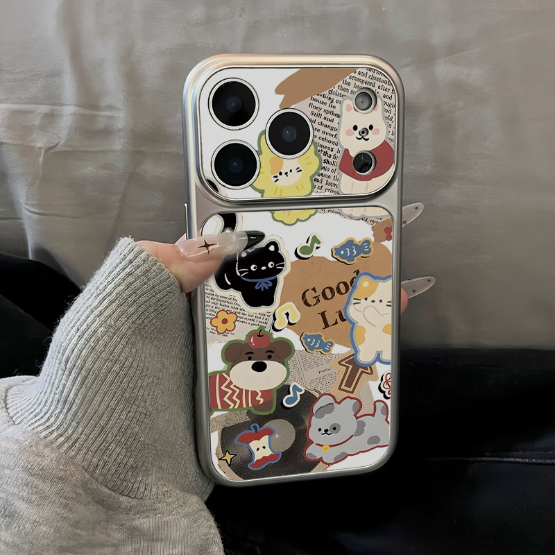 报纸猫狗插画适用苹果17promax手机壳新款iPhone18小米17华为mate80pura90电镀秒变壳Y300reno15nova16保护套