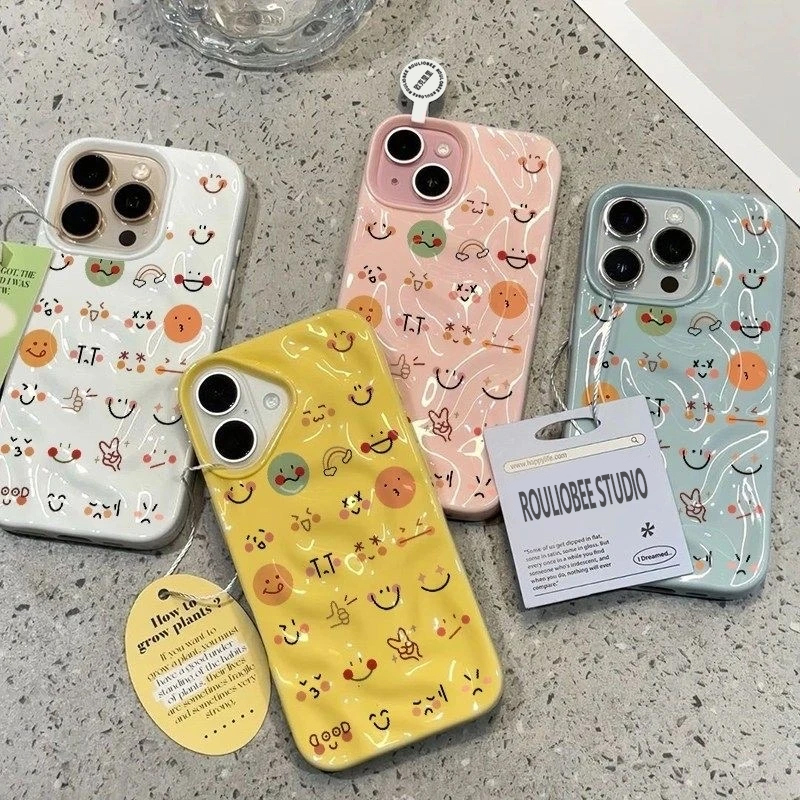 满屏表情适用苹果16Promax手机壳新款iPhone17陨石纹15/14plus高级感大孔13por个性褶皱12防摔保护套11多巴胺