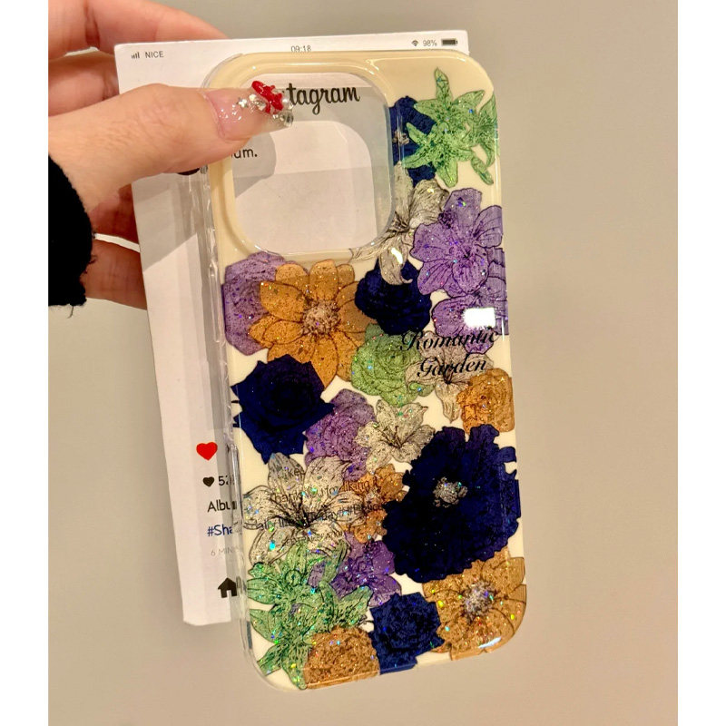 ins小众闪粉彩色花朵适用iphone16pro手机壳苹果16新款15创意14pro女款13超火15promax全包8plus防摔保护套xs