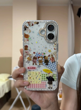 日韩可爱点钻格纹拼接星星换装hellokitty适用苹果16promax手机壳iPhone15新款17promax闪粉女13卡通14保护套