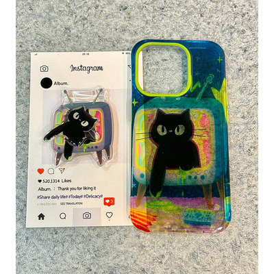 趣味个性复古电视机黑猫适用苹果16手机壳iPhone15promax新款13华为mate70荣耀200小米15可爱支架vivoppo软壳