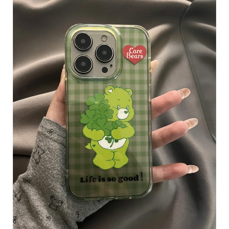 ins绿色半透格纹小熊适用苹果16promax手机壳iphone13可爱卡通14pro防摔15ProMax女保护套硅胶16pro全包软xr