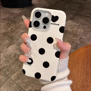 皮紋黑白波點適用蘋果16promax手機殼新款 xs高級感防摔女 iphone15pro保護套13簡約14pro創意12硅膠11軟膠xr