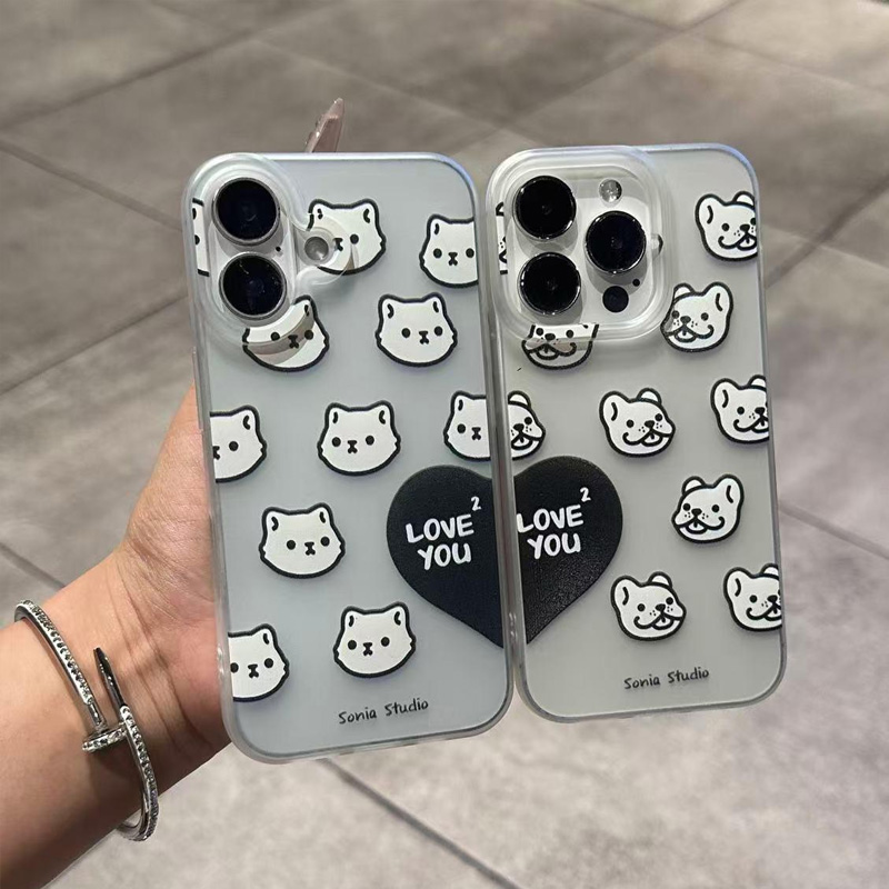 高级感爱心情侣小猫小狗适用苹果16promax手机壳iphone13可爱11亲肤磨砂12女15promax硅胶14pro防摔xr保护套