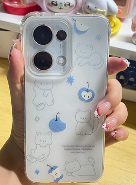 涂鸦蓝苹果小猫适用iphone16promax手机壳苹果15/14/13华为mate70大孔imd白色vivos20小米oppo红米K80荣耀300