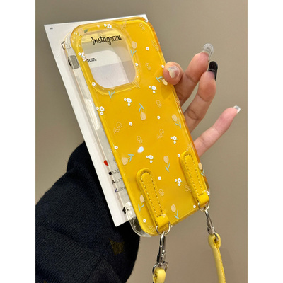 ins高级感黄底满屏碎花插画适用苹果16promax新款14pro腕带手机壳iPhone13promax个性创意iPhone16羽纱保护套