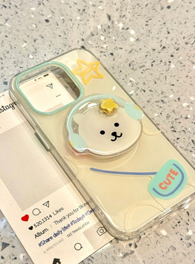带耳机小熊支架小表情适用苹果iPhone16Pro手机壳华为Mate60pura70NOVA13荣耀300小米15OPPO12大孔白色VIVO套
