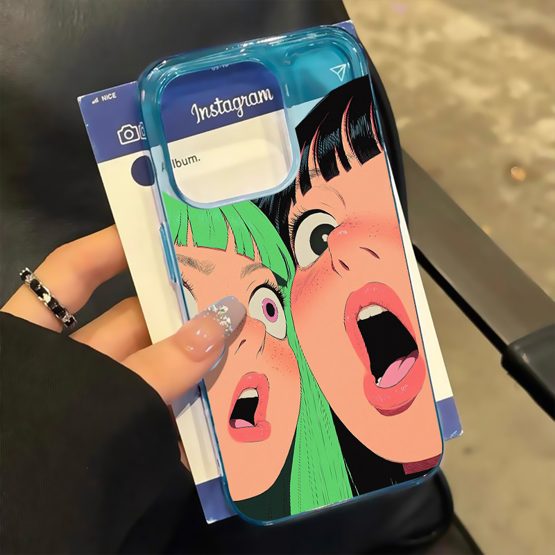 ins趣味惊讶女孩适用苹果15promax手机壳iphone14pro新款16promax可爱卡通13小众12保护套防摔11大孔冰透蓝壳