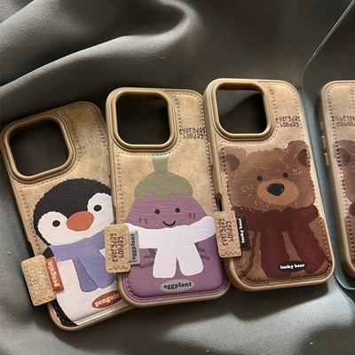 秋冬卡通企鹅茄子适用iPhone15promax手机壳苹果16新款16ProMax秋冬14pro硅胶12防摔全包13pro女情侣保护套皮