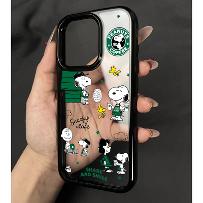 卡通可爱咖啡史努比查理手机壳适用苹果15PROmax新款iPhone16promax防摔14pro全包13软边亚克力16pro透明女款