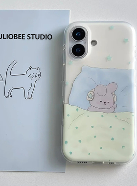 ins可爱戴耳机睡觉兔子适用iphone16promax手机壳苹果14华为mate70大孔白色vivos20小米15oppofindx8荣耀300