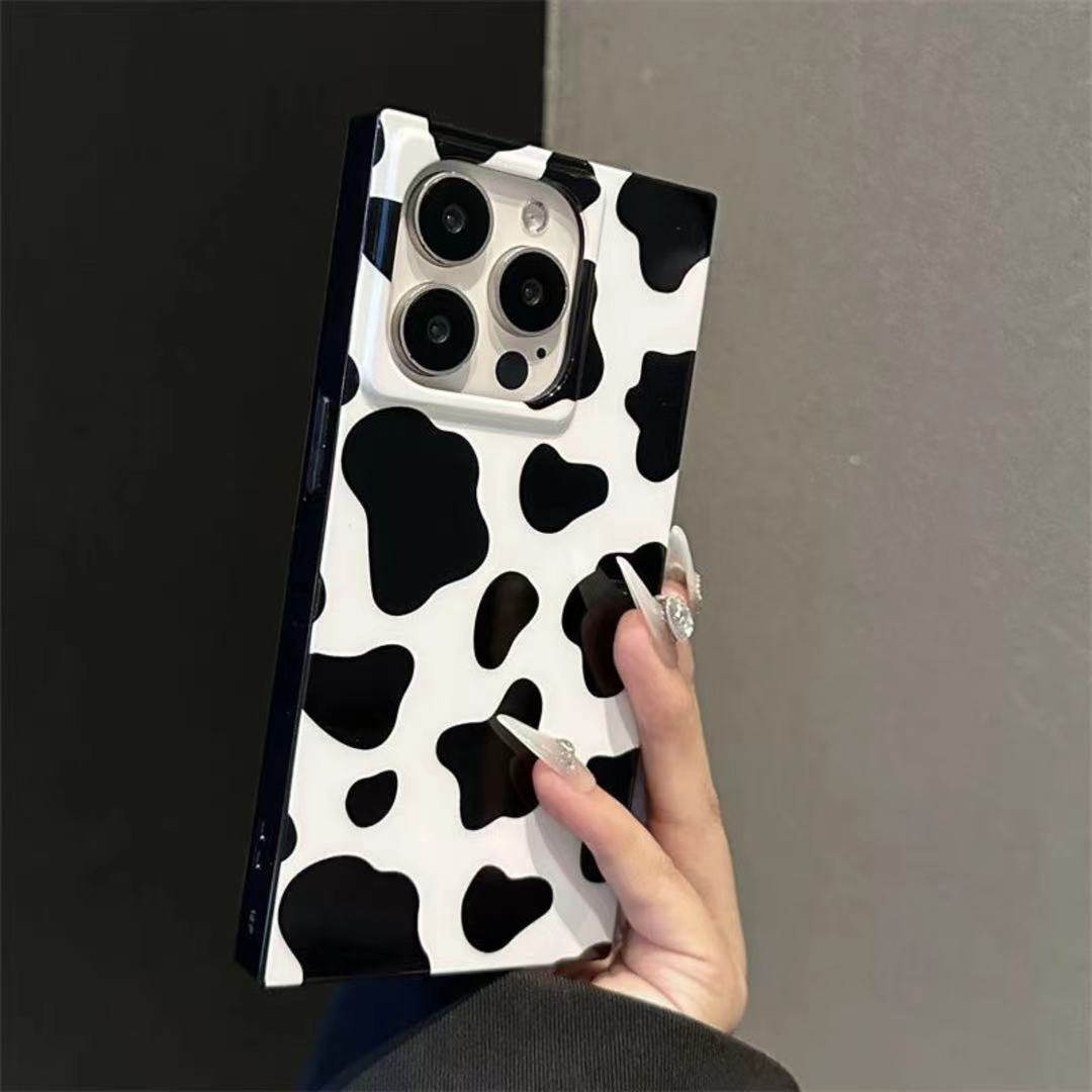 方形黑白牛奶纹适用苹果17promax手机壳iPhone16全包防摔15Pro高级14爆款13情侣pormax小众不撞壳pmax保护套