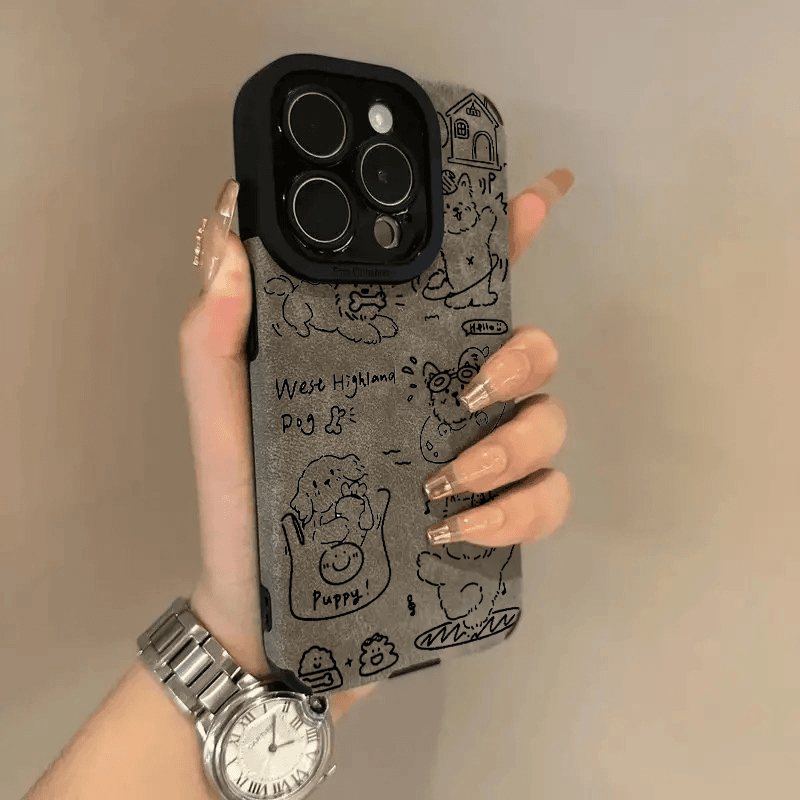 日韩ins可爱线条小狗iPhone16手机壳适用苹果13promax皮质14pm软壳11高颜值12pro防摔15promax复古秋冬保护套