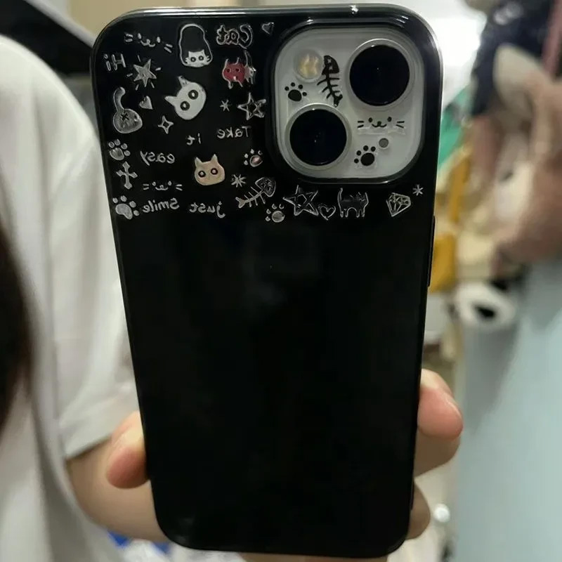 涂鸦ins猫咪鱼骨适用iPhone16promax手机壳苹果15/14pro华为mate60pura70小米14荣耀200vivox100oppo黑色软套
