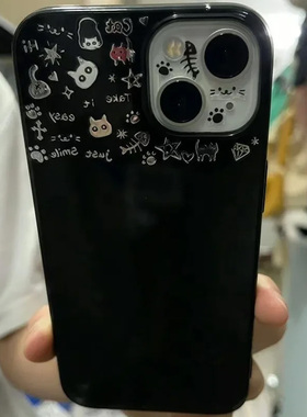 涂鸦ins猫咪鱼骨适用iPhone16promax手机壳苹果15/14pro华为mate60pura70小米14荣耀200vivox100oppo黑色软套