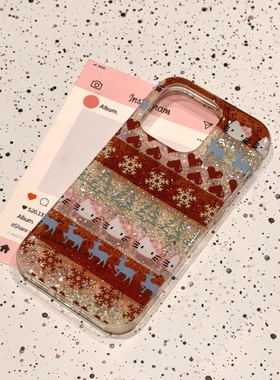 ins秋冬圣诞费尔岛闪粉HelloKitty适用16pro苹果16ProMax手机壳iPhone16全包15韩系14Promax卡通13/11保护套