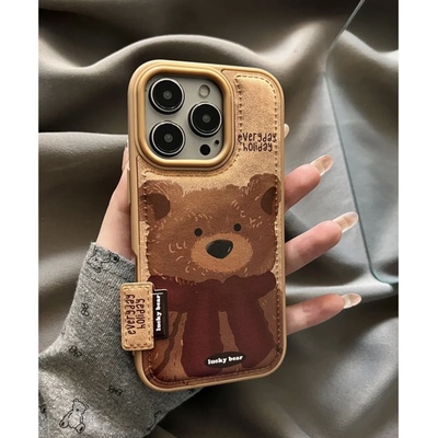 可爱卡通棕色框茄子企鹅小熊适用苹果17promax美拉德手机壳iphone16plus新款15pro女款14pm秋冬13全包保护壳