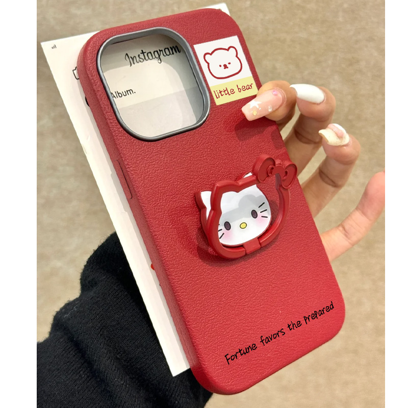 韩系可爱kitty猫指环支架适用苹果16promax手机壳iPhone16新款15保护套13女款15pro全包防摔14pro皮质金属框