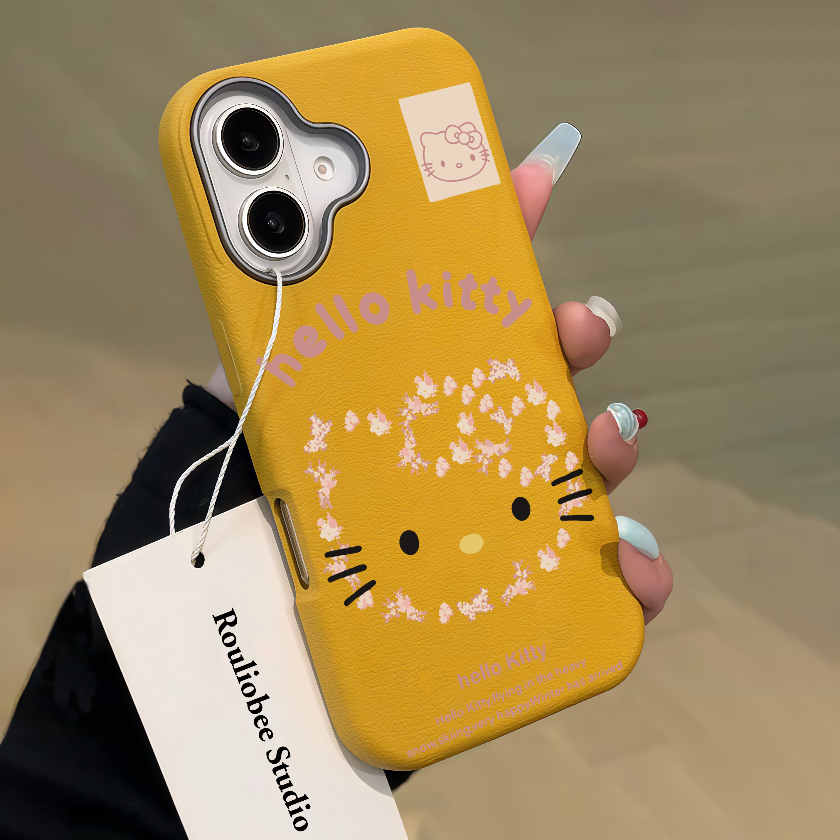 碎花粉凯蒂猫适用苹果16promax手机壳iphone15姜黄色皮纹14金属框17promax高级感13男女款11秋冬全包防摔软壳