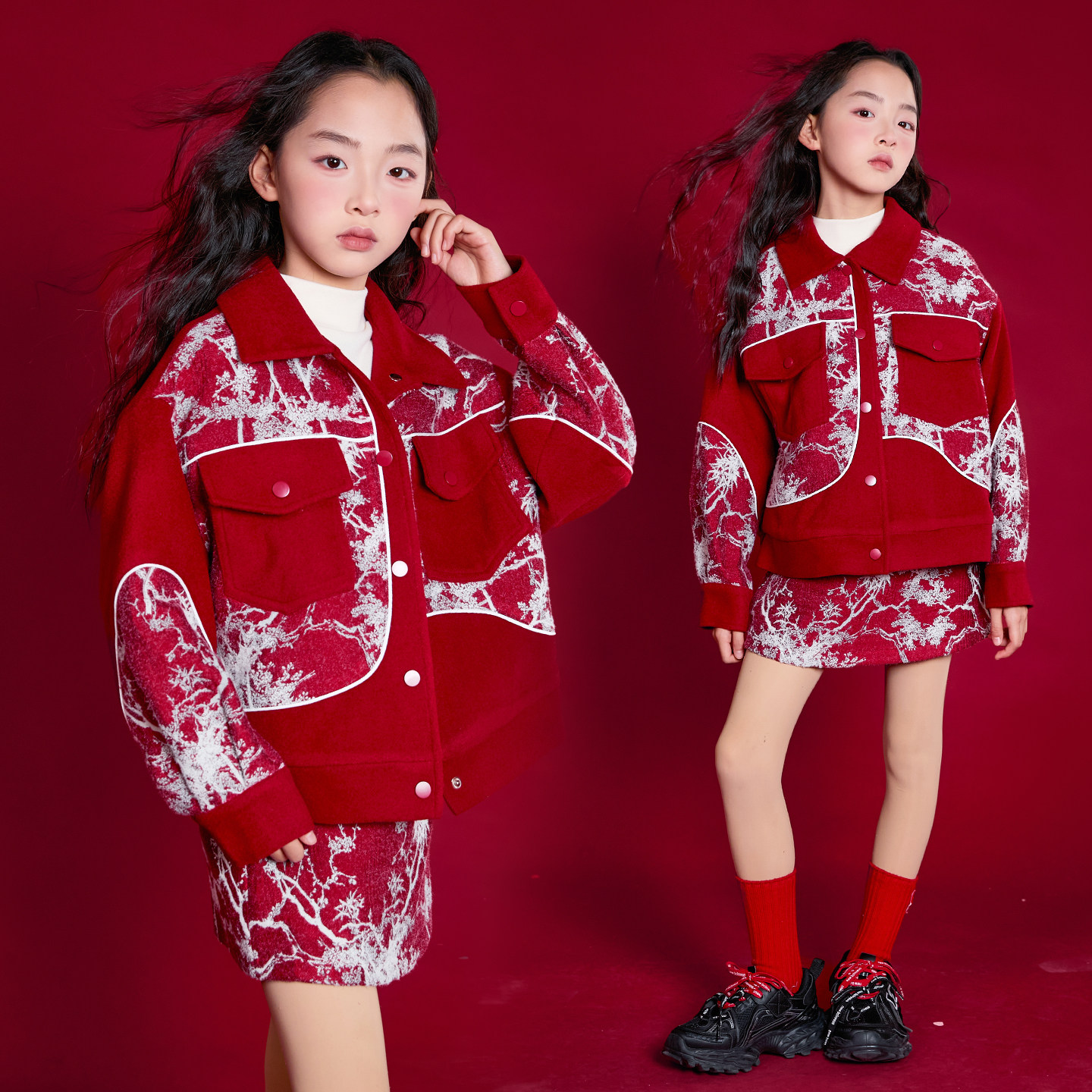 女童新年装套装2026新款大童洋气时髦红色本命年过年新衣两件套