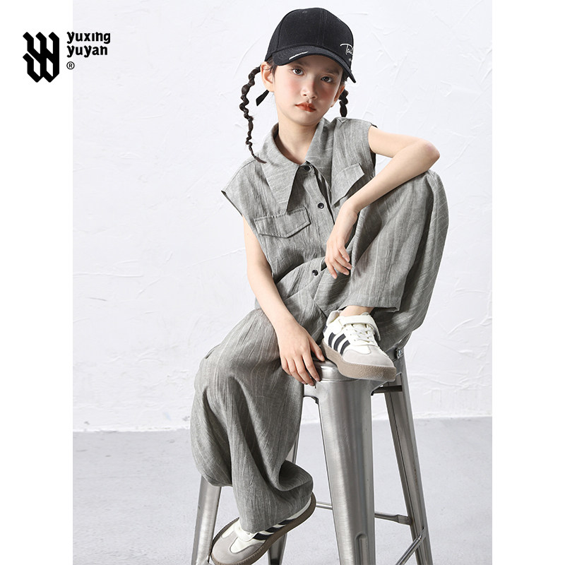 女童夏季套装2026新款中大童洋气轻薄皱感无袖休闲儿童夏装两件套图片