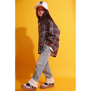 女童牛仔裤2025冬季新款儿童洋气加绒加厚保暖羊羔毛拼接冬装裤子