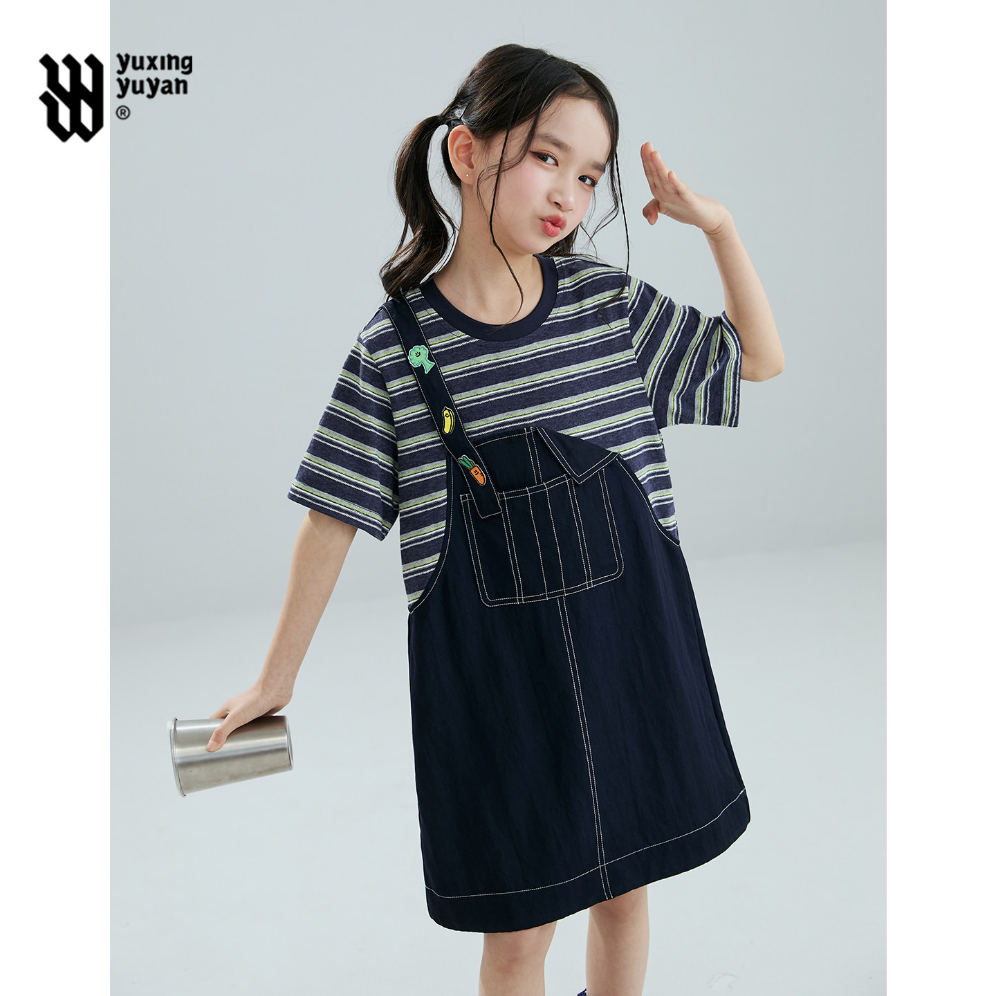 女童假两件仿牛仔条纹背带裙2026夏季新款儿童洋气休闲薄款连衣裙