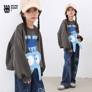 女童短款卫衣2025加绒加厚冬季新款中大儿童潮酷卡通休闲保暖上衣