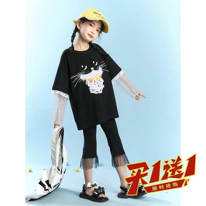女童七分喇叭裤2025夏季新款中大童洋气拼接波点网纱夏装薄款裤子