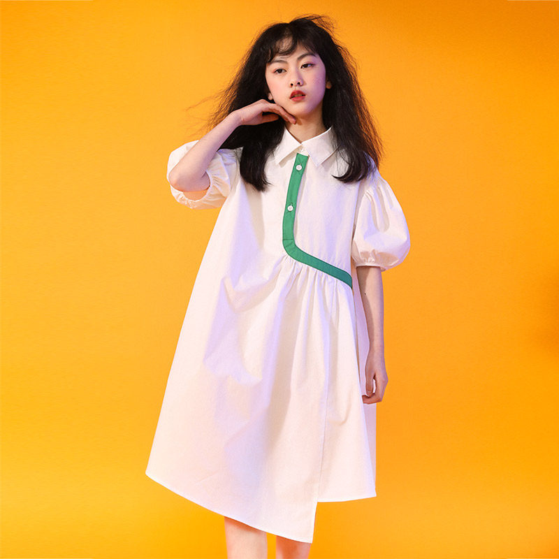 女童连衣裙2026夏季新款中大儿童洋气时髦衬衫裙宽松白色夏装裙子