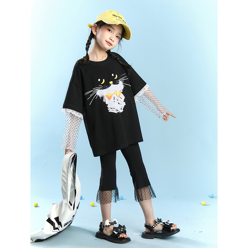 女童七分喇叭裤2025夏季新款中大童洋气拼接波点网纱夏装薄款裤子