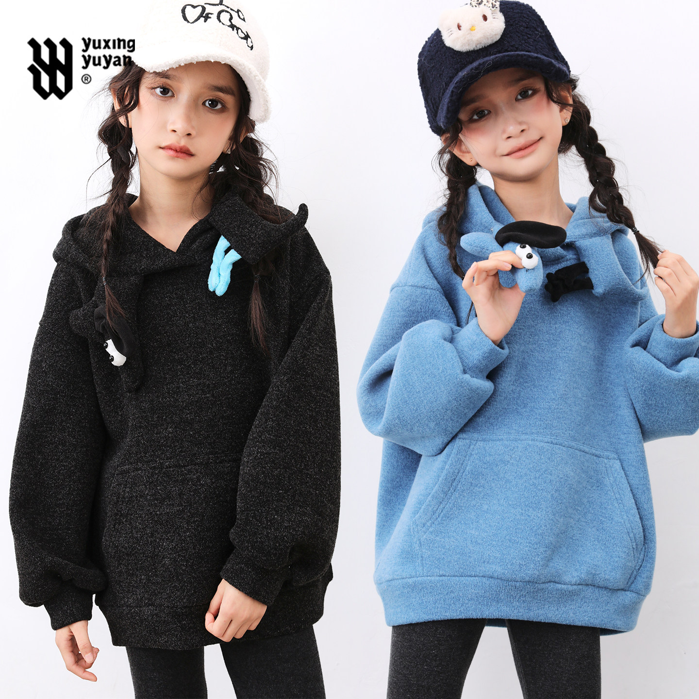 女童卫衣加绒加厚冬季2025新款儿童卡通设计款针织连帽衫冬装上衣