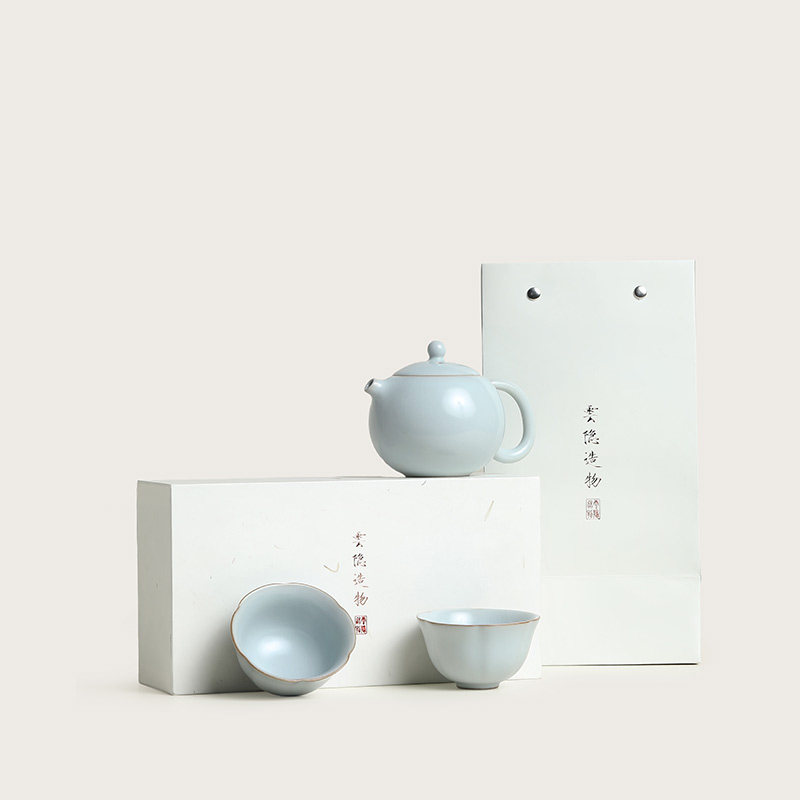 宜物宜心 宋风汝窑一壶二杯汝瓷茶壶茶杯功夫茶具套组家用送礼品