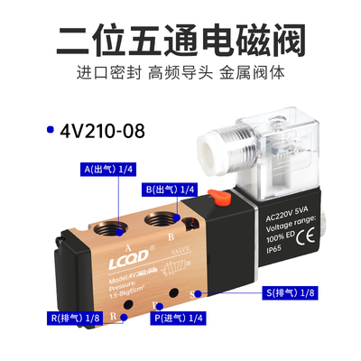 AC380气动电磁阀4V210-08二位五通换向气阀组气缸220/DC24/12线圈