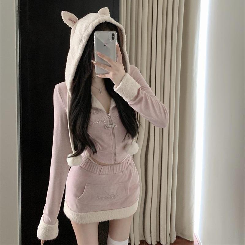 猫女设定~纯欲粉色烫钻猫耳朵连帽外套女春季松紧腰半身裙两件套