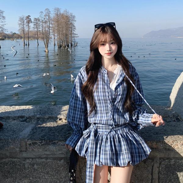 清仓辣妹复古蓝色格子长袖衬衫女春季2025新款高腰蓬蓬短裙两件套
