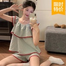 韩系甜美风撞色格子小飞袖 短裤 睡衣女夏季 宽松休闲舒适家居服套装