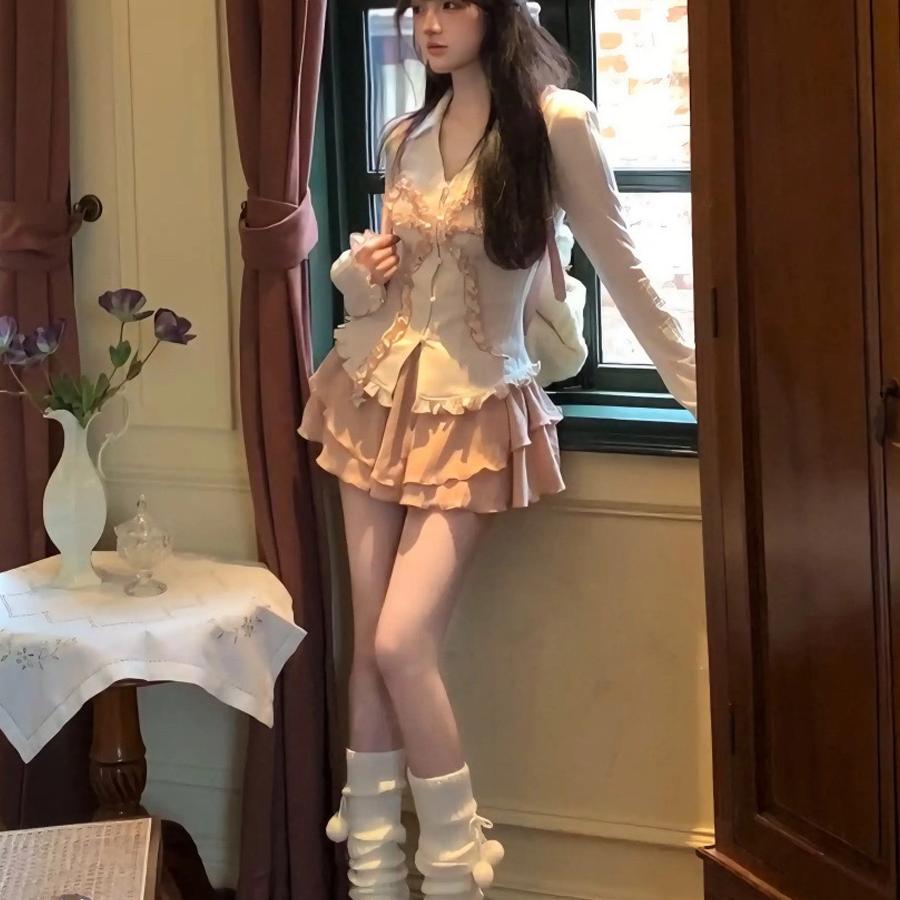 清仓~秋冬整套穿搭女粉色蝴蝶结开衫上衣2025甜美高腰半身裙套装