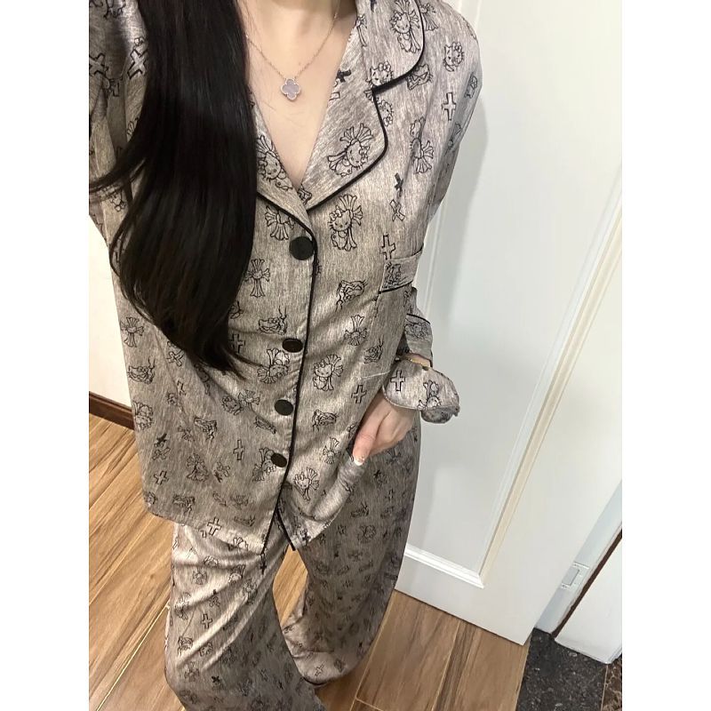 高级感冰丝绸面HelloKitty灰色睡衣女春秋开衫长袖长裤家居服套装