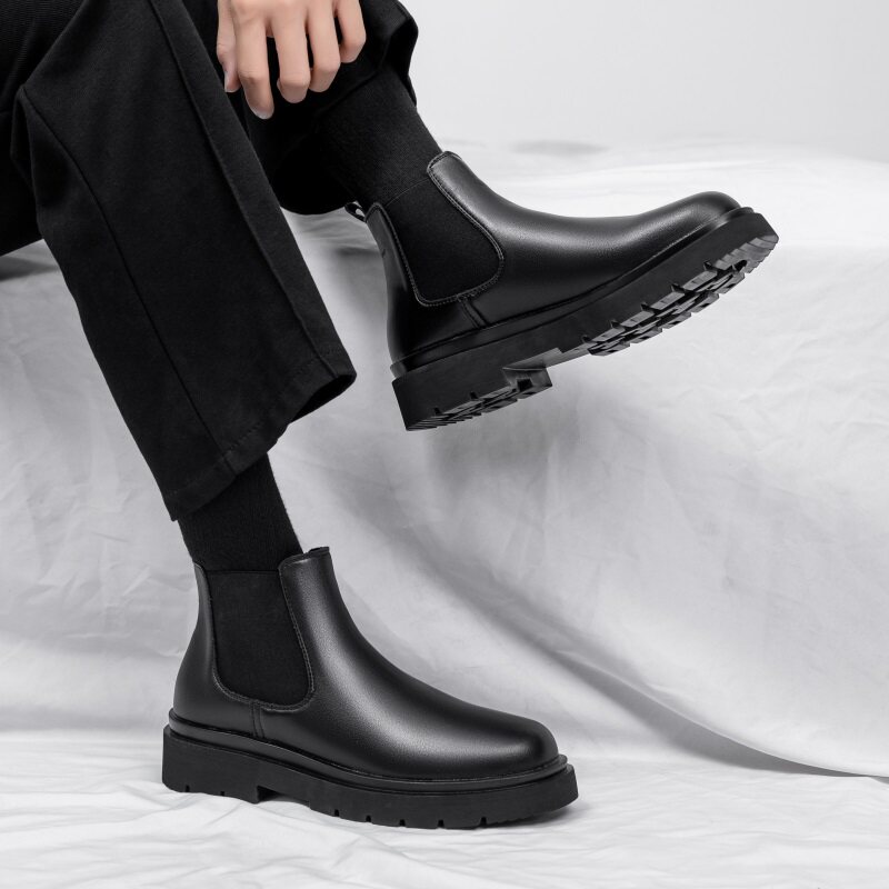 ONE-FOOT CHELSEA BOOTS MENS AUTUMN MID-TOP RETRO HEIGHTENED CHIMNEY BOOTS KOREAN VERSION OF THICK-SOLED MARTIN BOOTS LOW-TOP BOOTS