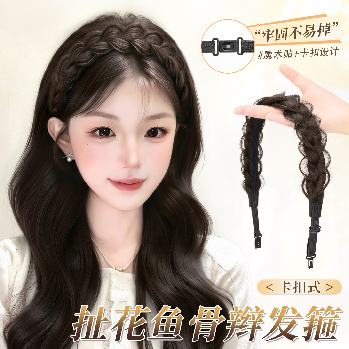 假发发箍卡扣式鱼骨麻花辫假发辫子一体遮发缝增高颅顶扯花辫发箍