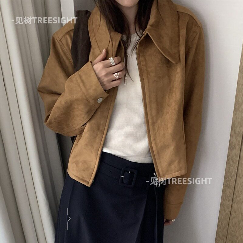 小众复古 尖尖领设计鹿皮绒长袖外套短款机车服夹克上衣