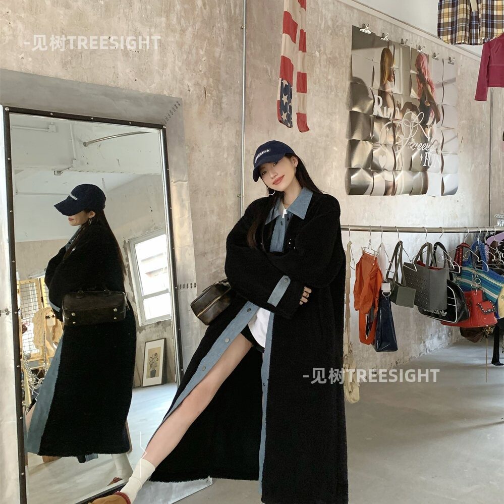 拼接牛仔羊羔毛外套女复古做旧显瘦美拉德中长款毛毛外套