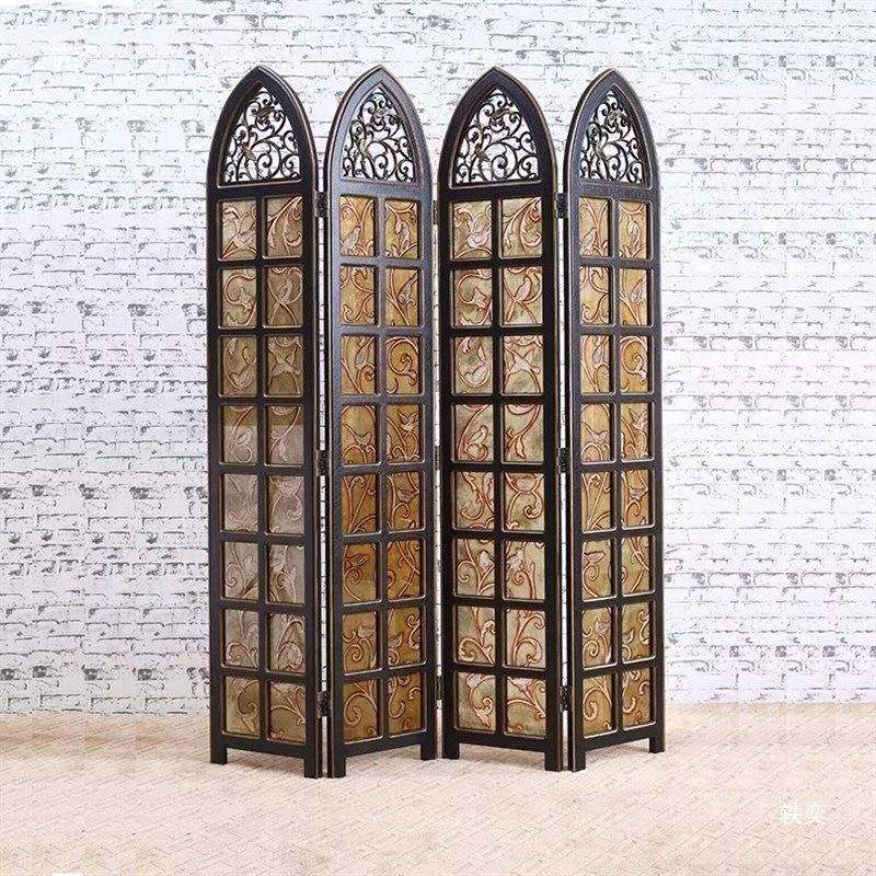 欧式法式实木花鸟折屏玄关隔断z移动客厅中古镂空雕花手绘玻璃屏