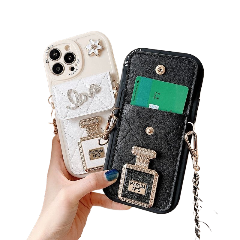 香水瓶镜子零钱包适用iPhone15手机壳14ProMax斜跨背带插卡苹果13软硅胶11pro挂绳12全包XSMax防摔