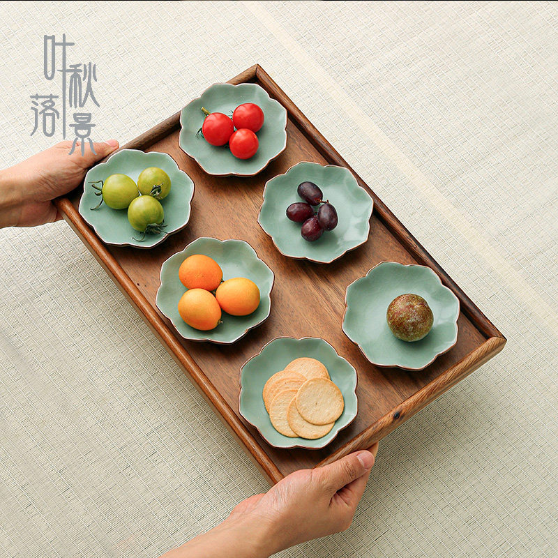 中式陶瓷汝窑干果盘分格多格水果盘精致零食摆放盘茶点心盘木托盘