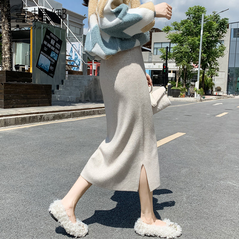 针织半身裙女秋冬2020新款开叉弹力a字毛线裙中长款松紧腰包臀裙