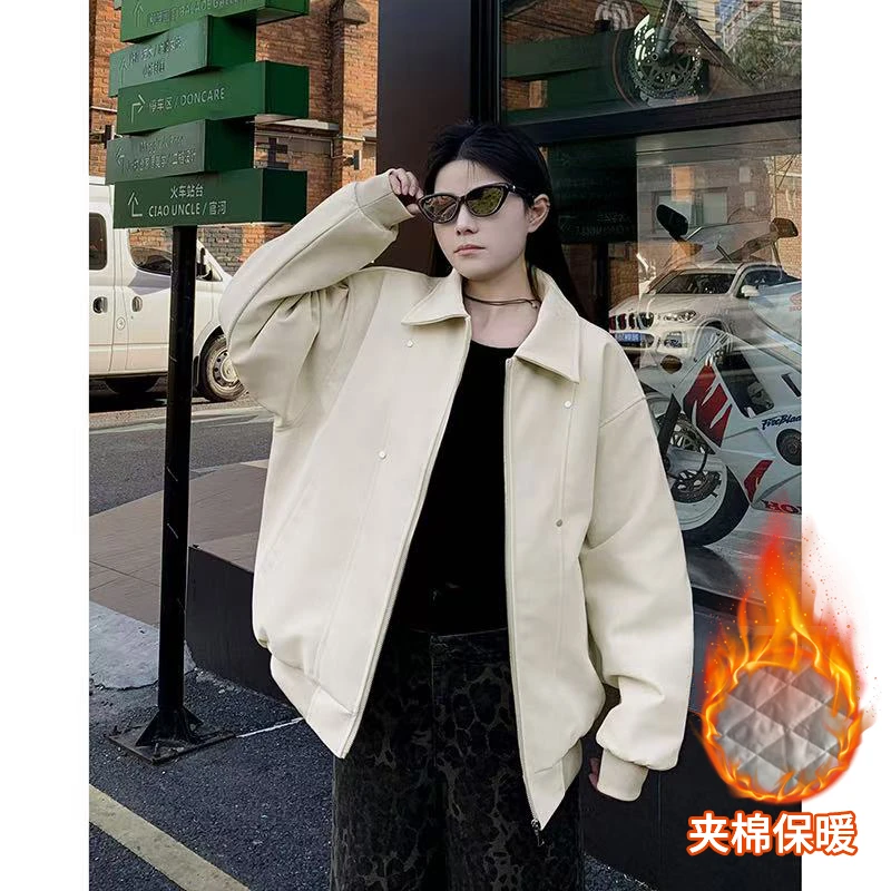 秋冬新款加棉翻领皮棉服男女机车防风保暖棉袄潮流宽松皮夹克外套
