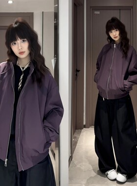 紫色解构拼接夹克男款春秋美式潮牌高级感痞帅立领棒球服运动外套